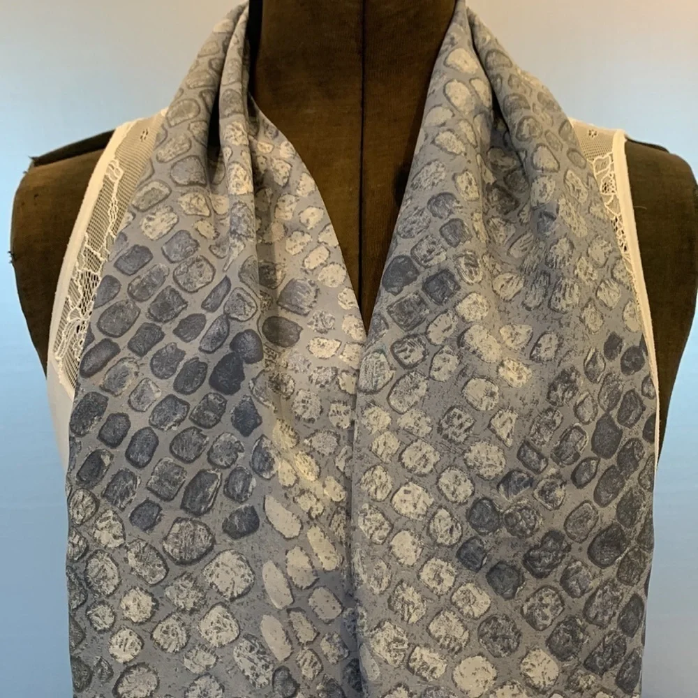 Francesca 💯 silk scarf in blueish grey hues in tiles with sexy fringe Italy made